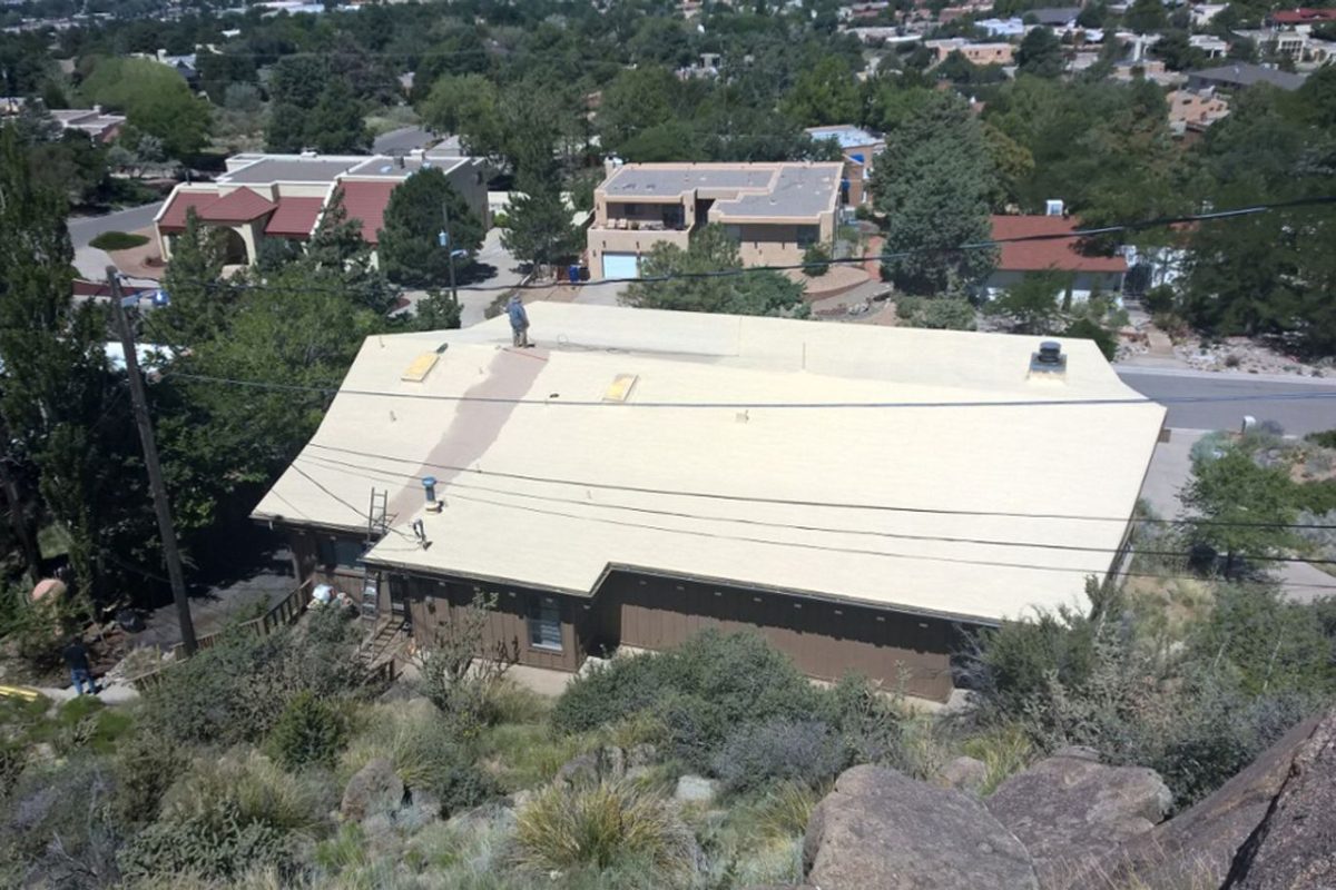 Sandia Heights home in Albuquerque seen from above with its finished spray foam roof